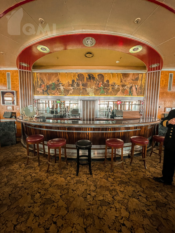 Queen Mary's Observation Bar with old furniture and TV